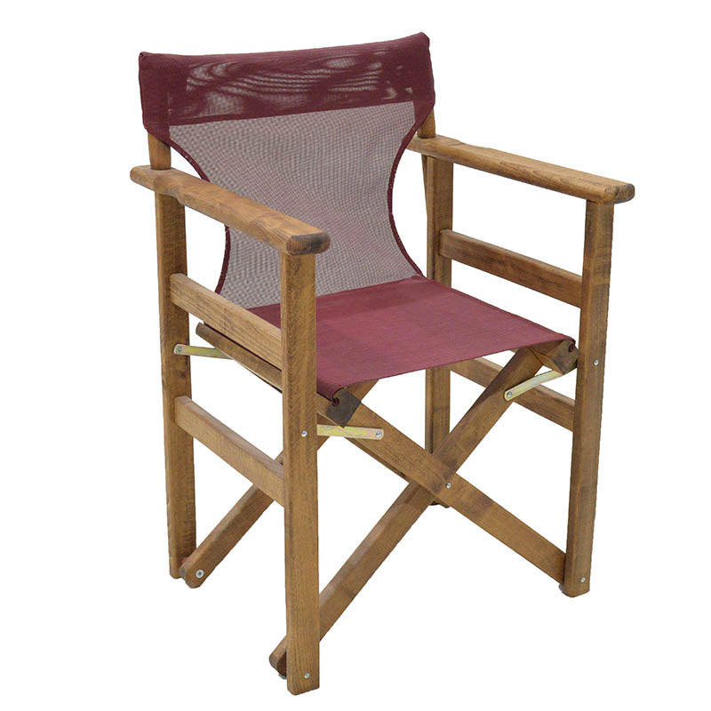 Folding Garden Armchair SPACE in Walnut Bordeaux, featuring a solid beech wood frame and perforated bordeaux cloth.